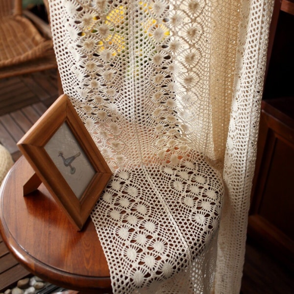 Boho Chic Beige Hæklet Strikkede Gardiner til Soveværelse Bomuld Linned Udhulet Retro Bondehus Terrasse Vinduesgardiner as picture 1pcs W150xH180 cm