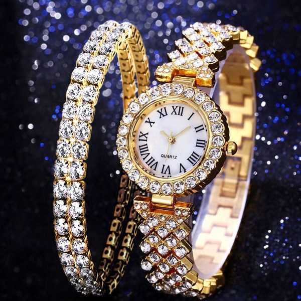 Lyxigt diamantbestrött stjärnklart elegant quartz-klockset med diamanter för alla tillfällen Rose gold suit with box