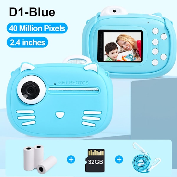 Minibear Barnkamera för Barn Direktkamera 1080P Digitalkamera för Barn Fotokamera Leksaker för Flicka Pojke Födelsedagspresenter T-Paper-10 Rolls