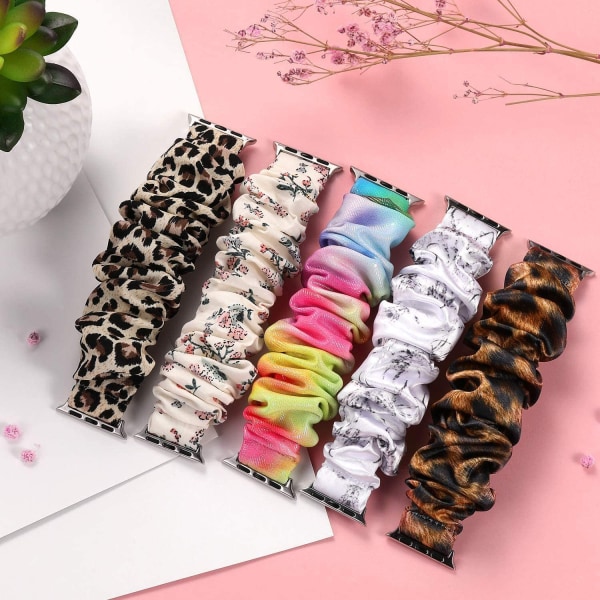 Scrunchie Strap för Apple Watch Band 44mm 40mm iWatch 42/38mm Elastisk Nylon Solo Loop smart armband applewatch serie 5 43 SE 6 Black Gray flower 42mm or 44mm