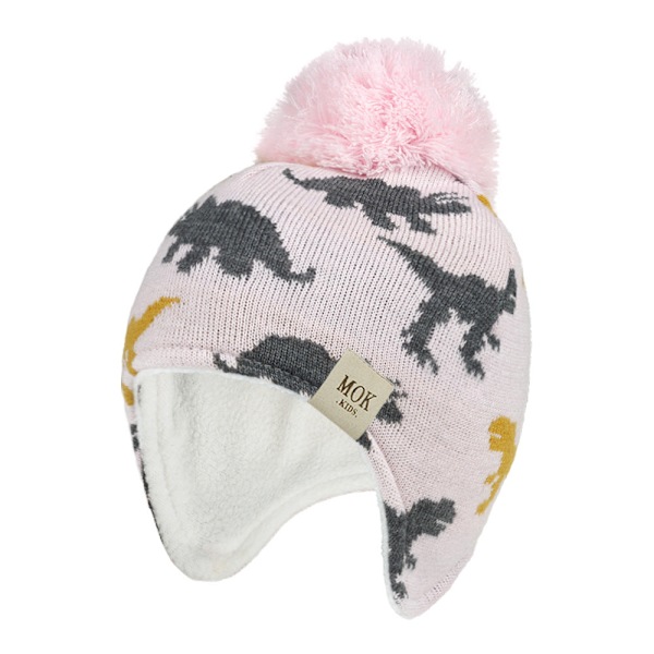 Stickad Mössa Ny Höst och Vinter Dinosaurie Jacquard Pojkar och Flickor Öronmuffar Mössa Barnens Ullmössa Light gray-MOK label S(3-18 months)