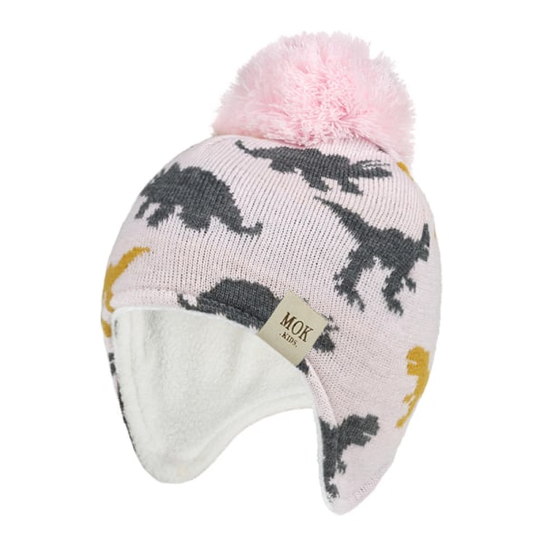 Stickad mössa Ny höst- och vinterdinosaurie Jacquard Pojkar och flickor Öronkåpor Mössa Barns ullmössa Pink-MOK label L(3-8 years old)