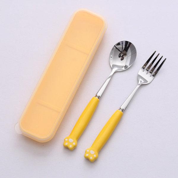 Kattpote Servisesett Keramisk Rustfritt Stål Bestikk Spisepinner Skje Gaffel Bærbart Servisesett Yellow Cat's Paw spoon Fork