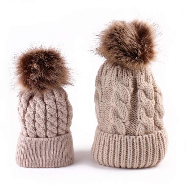 Kreativ Ny Efterår og Vinter Vild Pelskugle Varm Mor Baby Forældre-Barn Strikket Hue Red Adjustable