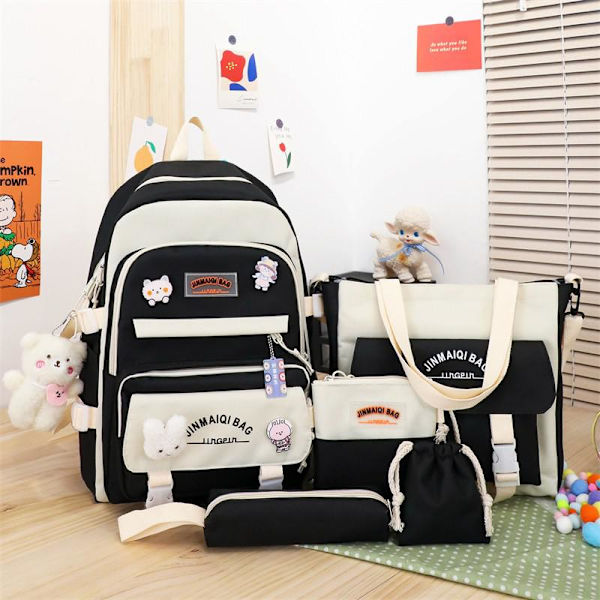 5 stk Sett Ryggsekker For Student Skoleveske For Jenter Multifunksjonelle Skoleryggsekker Håndveske Stor Kapasitet Jenters Pennal 4pcs black2