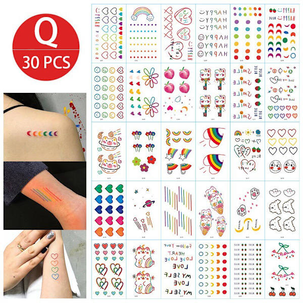 Midlertidige tatoveringsklistremerker for jenter, vanntette, langvarige, falske tatoveringsklistremerker, lyse, søte tatoveringer på kropp, ansikt, barn B 30pcs