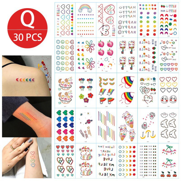 Midlertidige tatoveringsklistremerker for jenter, vanntette, langvarige, falske tatoveringsklistremerker, lyse, søte tatoveringer på kropp, ansikt, barn G 30pcs
