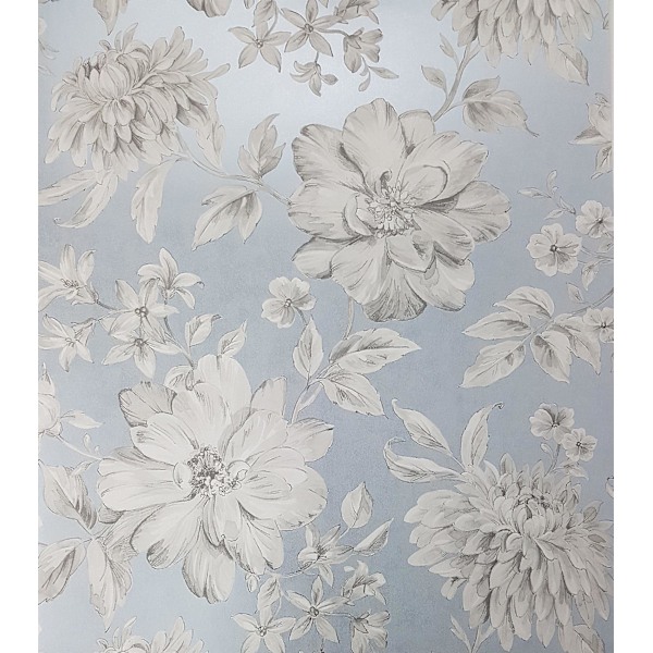 Mauve Gul Blå Silver Blommig Tapet Pärlemorskimrande Metallisk Crown Lucia Blå, Grå, Vit Blue, Grey, White