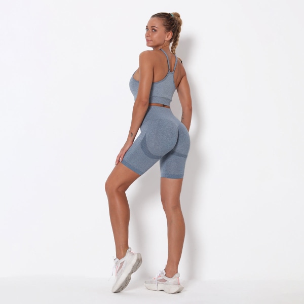 Europeiska och amerikanska stickade sömlösa hopfällbara persiko-höftlyftande yogashorts Sport Yoga Fitness Sport-BH Set 6205 bra shorts set-Army Green L