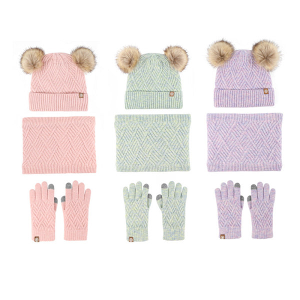 Varm Stickad Mössa Halsduk Handskar Tredelat Set plus Fluffiga Bollar Mössa Tredelat Set Gray three-piece set