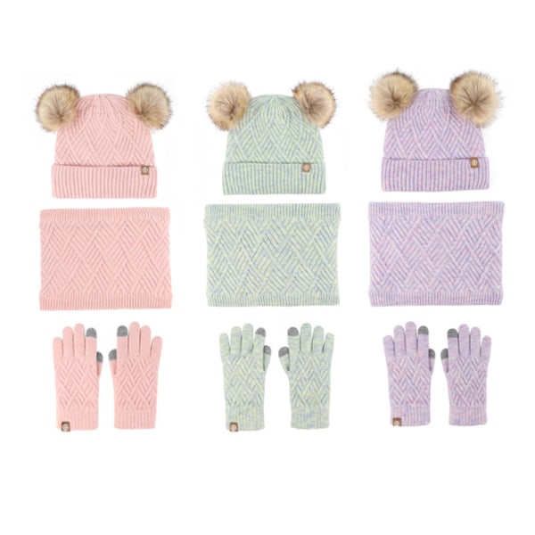 Varm stickad mössa Scarfhandskar 3-delat set plus Fluffy Balls Hat 3-delat set Pink three-piece set