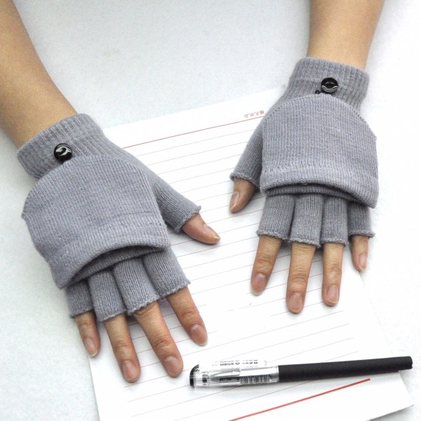 2020 Vinter Varma Tjocka Ullhandskar Stickade Flip Fingerlösa Exponerade Finger Tjocka Handskar Utan Fingrar Vantar Dam B-Grey One size