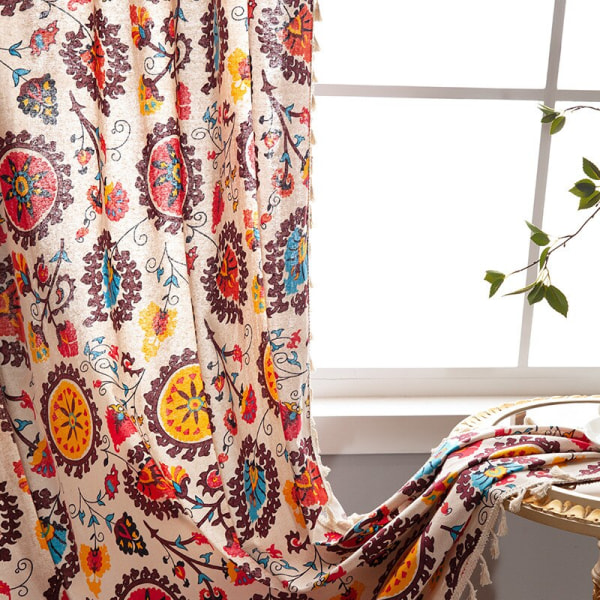 Boheme Retro Gardiner Etnisk Stil Bomuld Linned Tyndt Vindue Dekorativt Boho Print Gardiner Soveværelse Færdige Gardiner Hook W140CMxH260CM 1PC