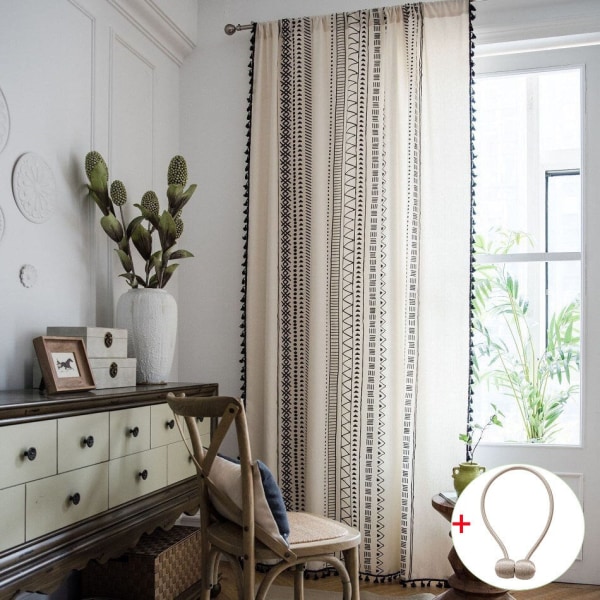 Boho Gardiner Geometrisk Stribede Gardiner Soveværelse Stue Panel med Kvaster Linned Gardiner Færdig Drapering Boligindretning A W150xL200cm