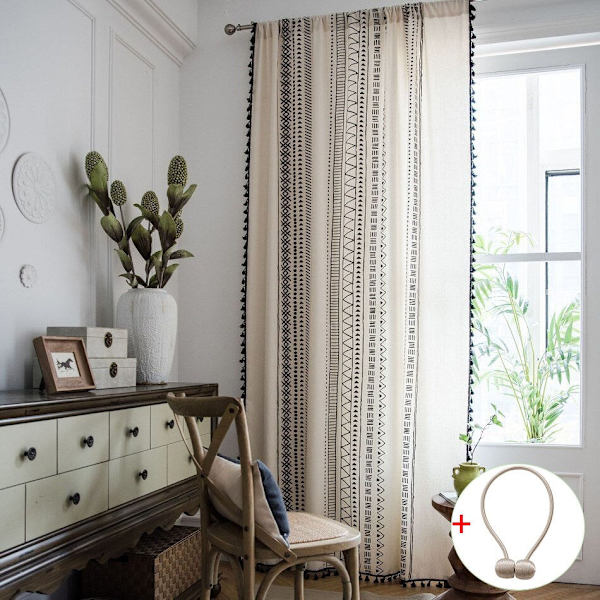 Boho Gardiner Geometrisk Stripete Gardiner Soverom Stue Panel med Dusker Lin Gardiner Ferdig Drapering Hjemmeinnredning A W150xL220cm