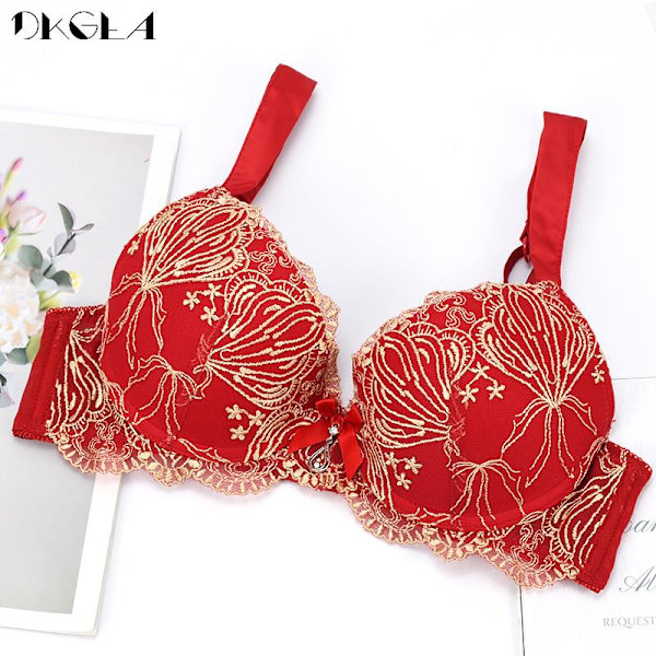 DKGEA Broderad Push Up BH Sexig Röd Dam Underkläder A B C Kupa Red 80C