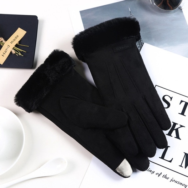Dam Vinterhandskar Varma Skärm Dam Fur Handskar Hel Finger Vantar Handske Körning Vindtät Gants Hiver Femme Guantes Black One Size