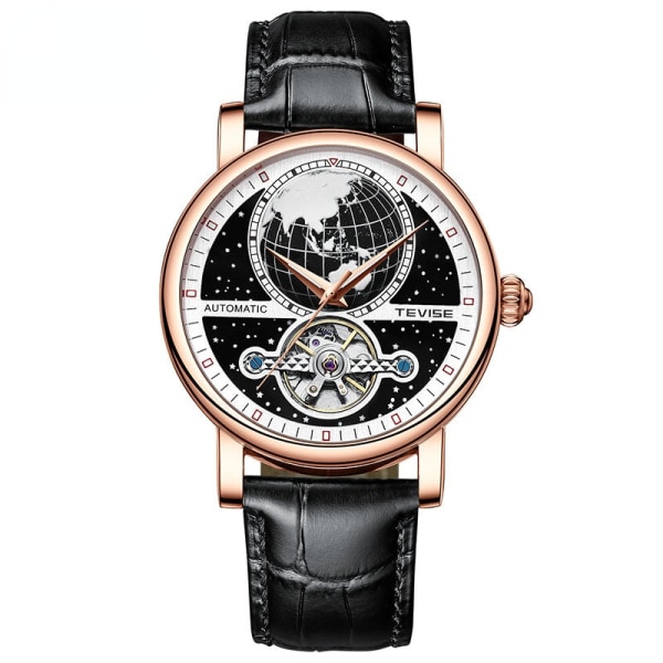 Tevise mäns mekaniska watch Automatisk läder Casual Watch Vattentät ihålig mekanisk watch T867K-black leather