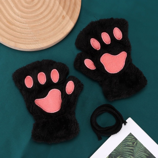 Kawaii Katt Handskar för Kvinnor Mode Flickor Katt Klo Tass Plysch Vantar Varma Mjuka Plysch Korta Fingerlösa Halvfinger Vinterhandskar Beige One Size