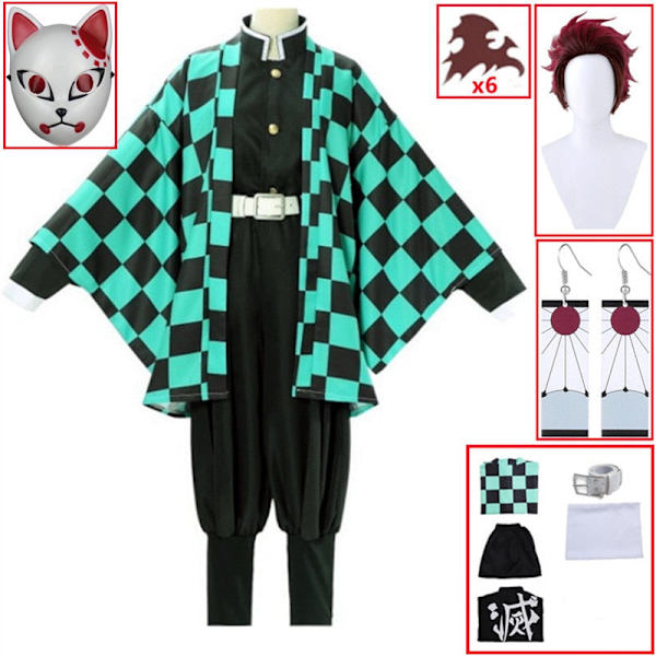 Demon Slayer Kimetsu no Yaiba Tanjirou Kamado Cosplay Kostume Kimono Kappe Halloween Fest Anime Tøj Uniform Sæt A5 L