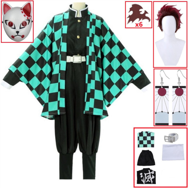 Demon Slayer Kimetsu no Yaiba Tanjirou Kamado Cosplay Kostym Kimono Kappa Halloween Party Anime Kläder Uniform Set A3 L