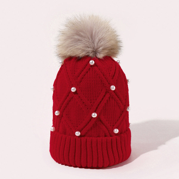 Uldstrikket hue til kvinder, koreansk stil, efterår og vinter, varm, fluffy pomponhue, fortykket, alsidig, ansigtsformende rejsehue Bright red Average size