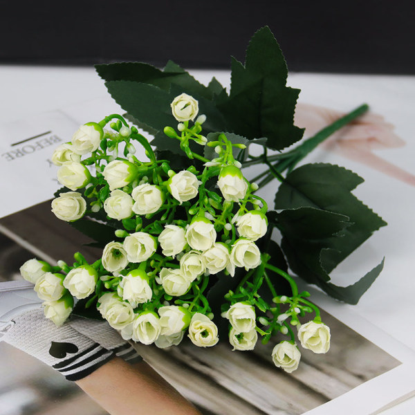 Kunstige Blomster Roseknopper Parti Gypsophila Falsk Kunstig Plante Blomsterbukett For Bryllup Hjem Fest DIY Dekor BF049-white