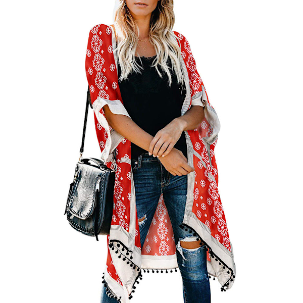 Badedragt Hawaii Seaside Holiday Cardigan Kortærmet Solbeskyttende Tøj Trykt Strand Cover-up Mellemlangt Badetøj LC85278-Red Average size
