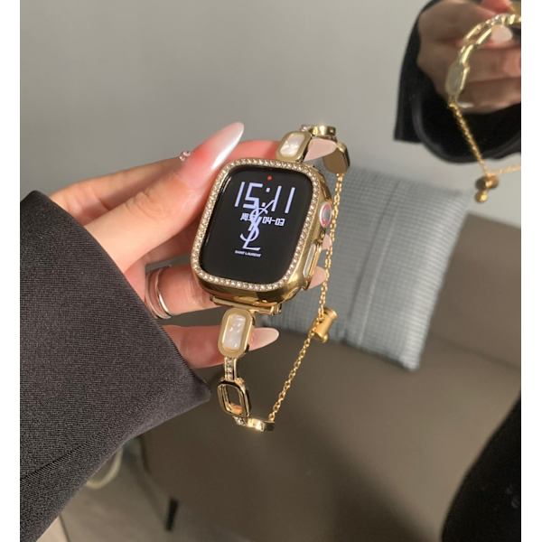 Klockarmband för Apple Watch iWatch 45mm 7/8/9 generation Guld + Diamantskal