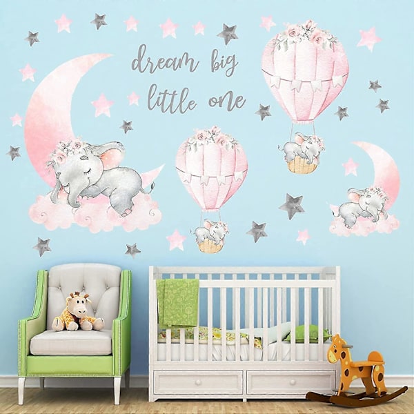 Big Little One Elefant Väggdekaler, Rosa Måne Luftballong Grå Stjärnor Väggdekaler För Barnrum