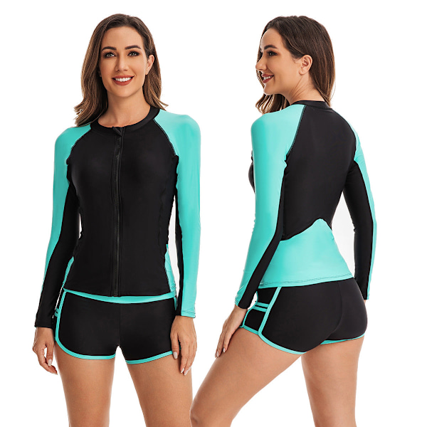Baddräkt Boxer Surfdräkt Dam Långärmad Dragkedja Kofta Tankini Oni Blomma Badkläder Sky Blue M