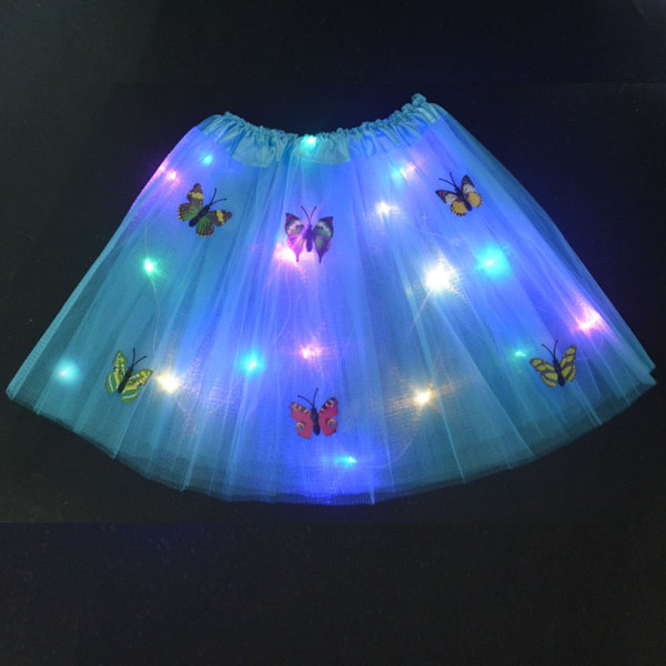 Pige Sommerfugl Lysende Tutu LED Nederdel Glød Blomsterkrans Hovedbøjle Fest Magisk Engel Fe Jul Kostume Fødselsdagsgave blue skirt