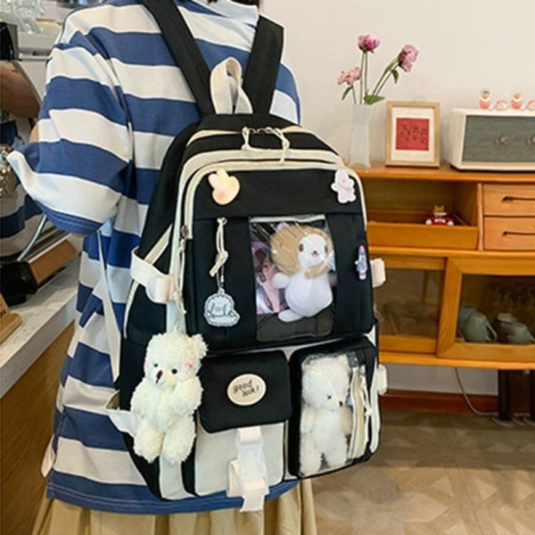 5 stk. Sæt Rygsække til Studerende Kawaii Patchwork Gymnasium Rygsæk Stor Kapacitet Skoletasker til Piger Håndtaske Penalhus Black1