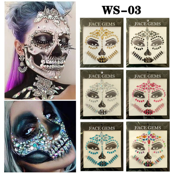 Halloween-ansiktsdekaler Spökskaleansikte med diamantdekoration 3D-klistermärke med sexigt ansikte Bal Holiday Party Ansiktsdekoration 10
