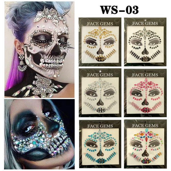 Halloween Kasvotarrat Aave Pääkallo Kasvot Timanttikoristeella 3D Seksikäs Kasvotarra Prom Juhlat Lomat Kasvotarra Koriste 100