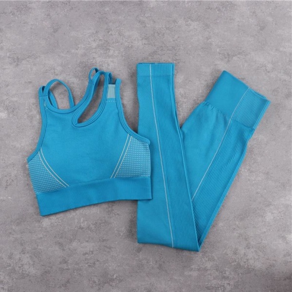 Set Crop Top BH Shorts Leggings Träningsoutfit Active Fitness Gym Wear Blue Long Set S