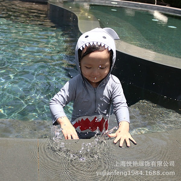 Baddräkt Pojkar Heldräkt Haj Solskydd Snabbtorkande Baby Småbarn Baby 1-3 År Långärmad Baddräkt Badkläder Gray shark Siamese 5T(100-110CM)