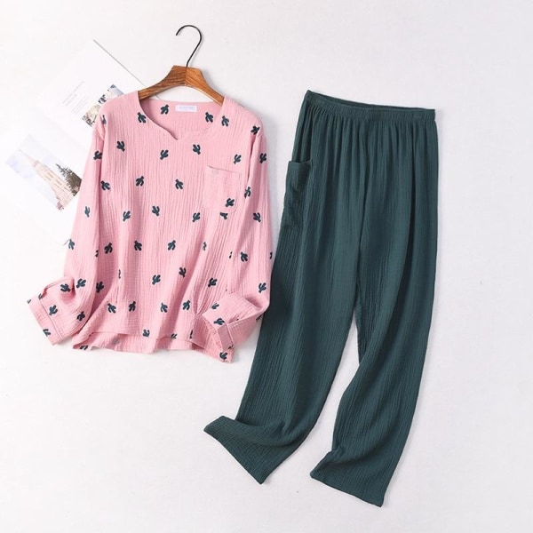 Nya Japansk Stil Vår och Höst Dam Bomull Krepp Tyg Långärmad Byxor Pyjamas Kaktus Bekväm Hemmaservice Pink M