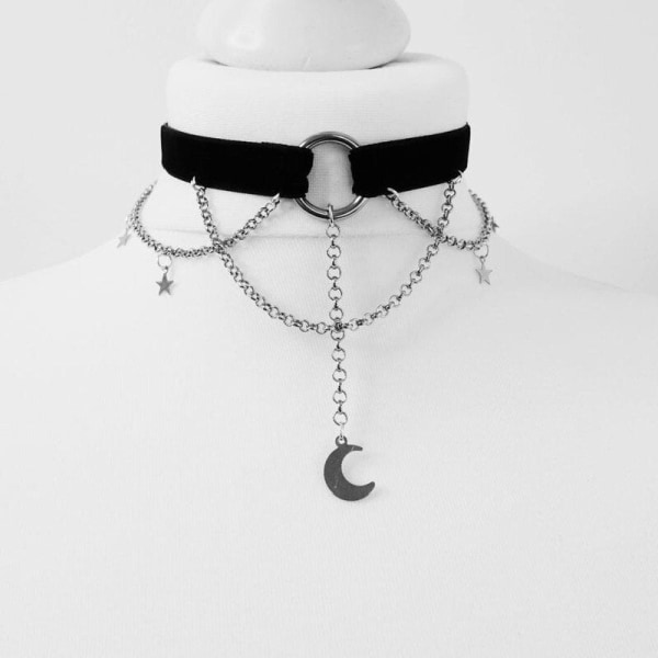 Musta puolikuu choker-kaulakoru goottilainen grunge musta samettikoru upea naisten riipus lahja goottilainen statement gootti uusi c211