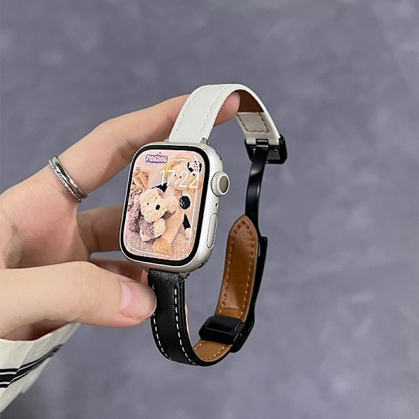 Klockarmband för Apple Watch iWatch för Ultra 49mm läder vikbart magnetiskt spänne klockarmband - svart och beige