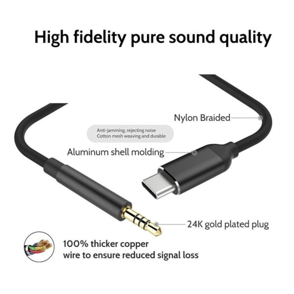 USB Typ C till 3,5 mm Aux ljudkabel Headset Högtalare Hörlursuttag Adapter Car Aux för Samsung S20 Plus Note 20 S21 Ultra Tab S7 Silver 1m