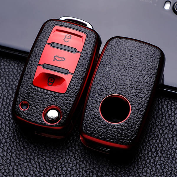 Läder Bilnyckelfodral Fullt Skydd Skalväska för Polo Tiguan Passat Golf Jetta Lavida Skoda Octavia Red