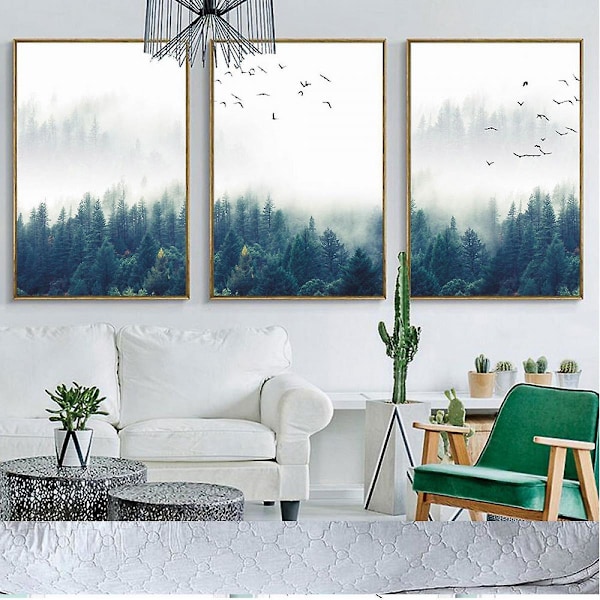 Wekity Misty Forest Vægkunst Lærredsprint Plakat, Simpel Mode Fotografi Kunstindretning til Hjemmet Stue Soveværelse Kontor (Sæt med 3 uden ramme, 16''x20'