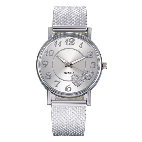 Dame Casual Mode Mesh Rem Heartformet Ferskenhjerte Ur Silver