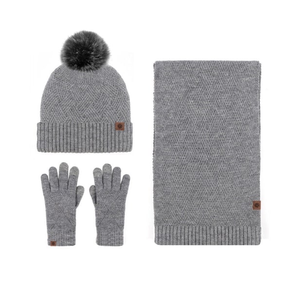 Hattu Huivi Käsineet Kolmiosainen Setti Kylmänkestävä Turkistupsu Fleecevuorattu Neulesetti Black three-piece set