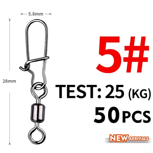 Fishhook 50 stk. Gjeddefiske Tilbehør Koblingsstift Lager Rullende Svivel Rustfritt Stål Snap Fiskekrok Lokkesvivler Utstyr Size5 28mm 30kg