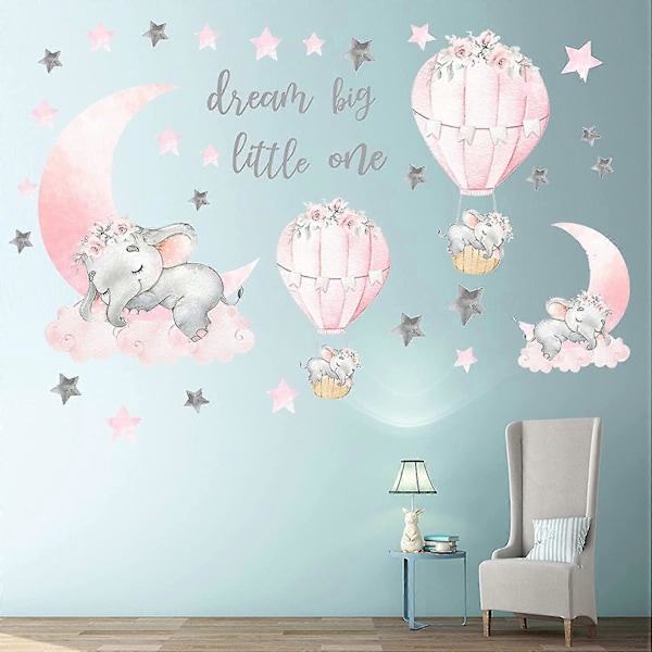 Big Little One Elefant Väggdekaler, Rosa Måne Luftballong Grå Stjärnor Väggdekaler För Barnrum