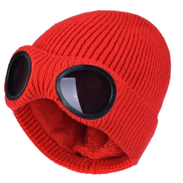 Strikket Lue med Briller Herre og Dame Øreklaffer Ullue Fleeceforet Varm Lue som Ikke Dekker Ansiktet Høst og Vinter Utendørs Skiermlue Tide Red Average size
