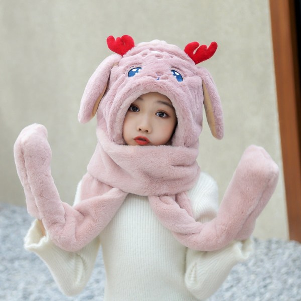 Plyschhalsduk Älgmössa Tredelad koreansk stil Fashionabla varm halsduk Integrerad öronskydd Pink