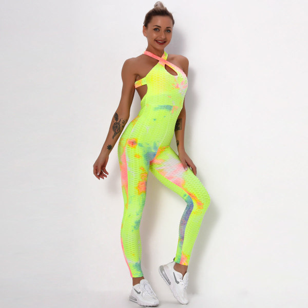 Europeisk och amerikansk sexig korsad batikfärgad skönhetsrygg yogadräkt för kvinnor, fitness, sport, bubbla, flerfärgad, helkroppsdräkt 6225 jumpsuit-white and black L
